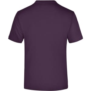 A plain purple T-shirt with a round neck and short sleeves, featuring a logo on the back.