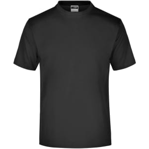 A black T-shirt featuring a round neckline and short sleeves, with a logo on the label.
