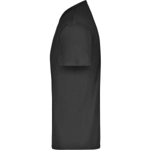 A black t-shirt displayed from the side, featuring a simple design and a logo on the fabric.