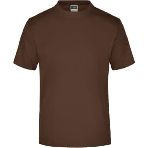 A brown round-neck t-shirt made from medium-weight fabric, featuring a brand logo on the label.