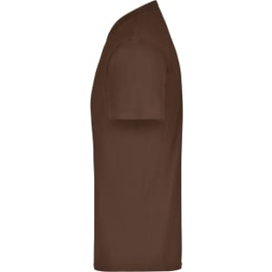 A brown T-shirt with short sleeves displayed from the side, featuring a logo on the sleeve.