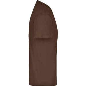 A brown T-shirt displayed from the side, featuring short sleeves and a simple design, with a logo.