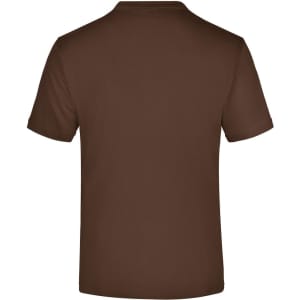 A brown t-shirt with a round neckline and short sleeves, featuring a plain back and a logo.