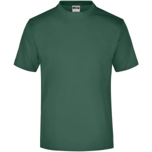 A green t-shirt with a round neck. The shirt has a label and features a logo.
