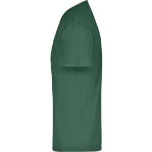 A green T-shirt viewed from the side, featuring short sleeves and a smooth design. It has a logo on it.