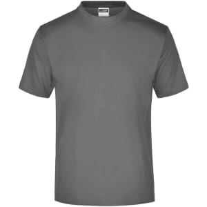 A grey T-shirt with short sleeves and a round neck, featuring a label inside and a logo.