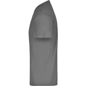 A grey t-shirt with short sleeves displayed from the side. The shirt has a simple design and a logo.