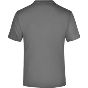 A grey short-sleeved T-shirt with a simple design and a logo on the back.