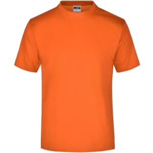 An orange T-shirt featuring a simple design and a logo on the label.