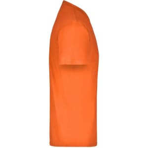 An orange T-shirt displayed from the side, featuring short sleeves and a standard fit. It has a logo on the fabric.