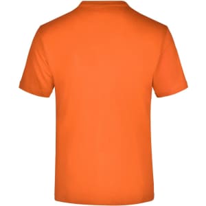 An orange T-shirt with a round neck and short sleeves, featuring a logo on the back.