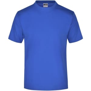 A blue short-sleeve T-shirt with a round neck and a logo on the label.