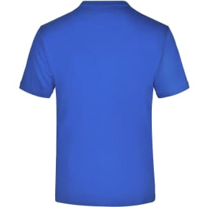 A blue T-shirt with a plain back, featuring a logo on the upper neck area.
