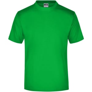 A bright green T-shirt with short sleeves and a round neck, featuring a logo on the label.