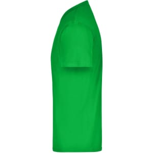 A green T-shirt displayed from the side, featuring a smooth fabric texture and a simple design. It has a logo.
