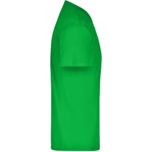 A green t-shirt in a side view, featuring short sleeves and a smooth finish. Includes a logo.