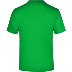 A green t-shirt with a standard crew neck and short sleeves, featuring a logo on the back.