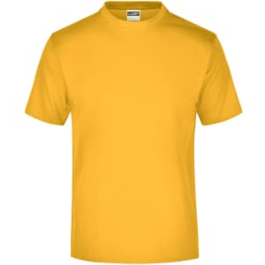 A yellow t-shirt with a round neck and short sleeves, featuring a branding label.