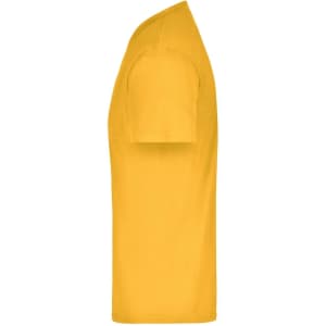 A yellow T-shirt displayed from the side, featuring short sleeves and a simple design with a logo.