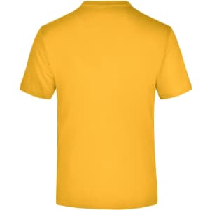 A plain yellow T-shirt featuring a simple crew neck and short sleeves, with a logo on the back.