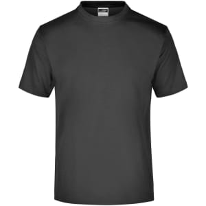 A round-neck, short-sleeved t-shirt in dark grey, featuring a branding logo.