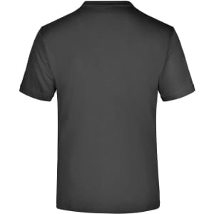 A dark grey t-shirt with short sleeves and a plain back, featuring a logo on the inner neck area.