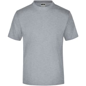 A grey short-sleeve t-shirt featuring a round neck and a logo on the label.
