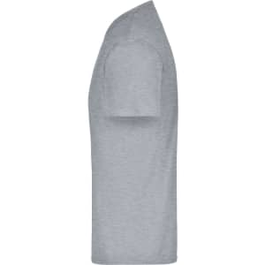 A grey T-shirt with a crew neck and short sleeves, featuring a logo on one side.