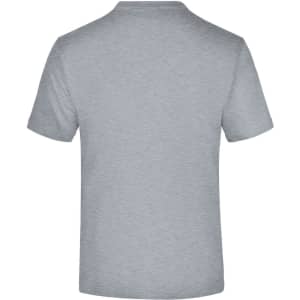 A grey t-shirt with a round neck and short sleeves, featuring a simple design and a logo on the back.