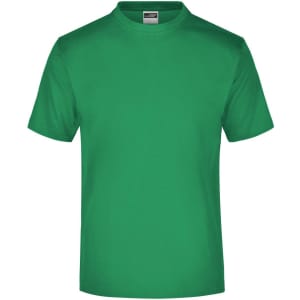 A green T-shirt with a simple design and round neckline, featuring a logo on the label.