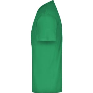 A green short-sleeved T-shirt with a plain design and a logo on the side.