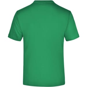 A green t-shirt with a plain back and a logo placed at the neckline.