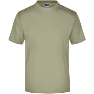 A round-neck, short-sleeved T-shirt in a light olive green colour, featuring a branding label.
