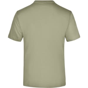 A khaki green T-shirt featuring a plain back design and a logo. Short sleeves and a round neckline are visible.