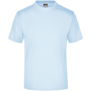 A light blue round neck t-shirt for promotional branding, featuring a logo on the label.