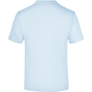 A light blue t-shirt featuring a plain back and short sleeves. It has a logo on the inside neck area.