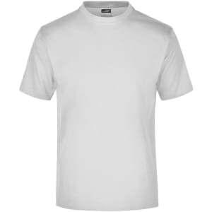A plain white T-shirt with a round neck and short sleeves. The shirt features a logo on the label.