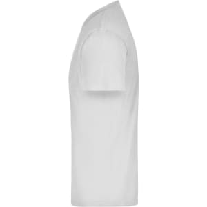 A white t-shirt displayed from the side, featuring a plain design and short sleeves. It has a branding logo.