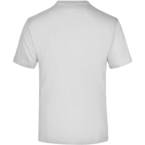A plain white T-shirt featuring a round neck and short sleeves, with a logo on the back.