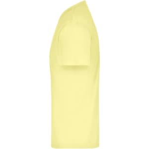 A yellow t-shirt in a side view, featuring short sleeves and a plain design with a logo present.