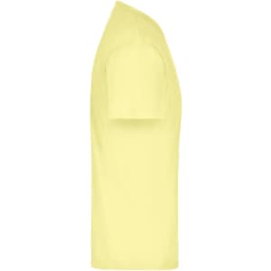 A yellow T-shirt displayed from the side, featuring a simple design and a logo.