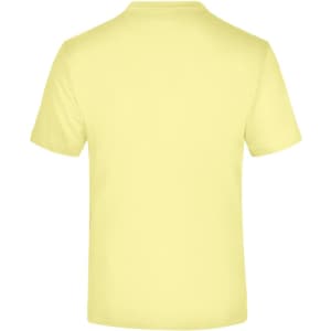 A plain yellow T-shirt is displayed, showing the back view. The shirt features a simple design and has a logo.