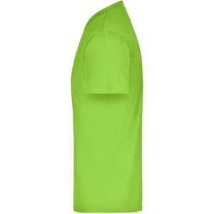 A bright lime green t-shirt with short sleeves and a round neckline. It features a logo on the front.