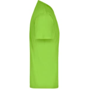 A bright lime green t-shirt displayed from the side, featuring short sleeves and a plain design.