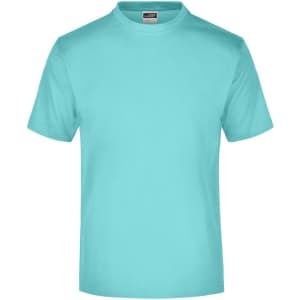 A turquoise t-shirt with a round neck and short sleeves, featuring a logo on the label.