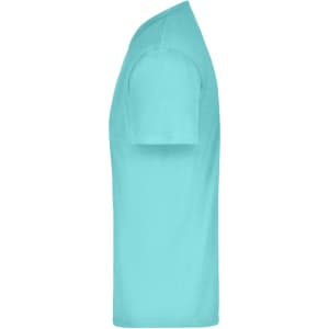 A turquoise t-shirt featuring a short-sleeved design and a simple silhouette, with a logo on the front.
