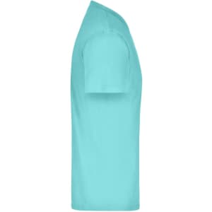 A light turquoise t-shirt with short sleeves and a rounded neckline, displayed from the side. It features a logo.