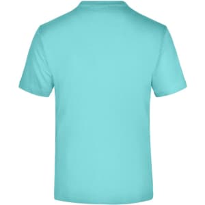 A light blue t-shirt with a round neckline and short sleeves, featuring a logo on the back.