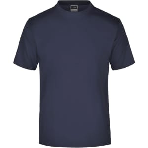 A navy blue round-neck t-shirt displayed on a plain background, featuring a brand logo on the label.