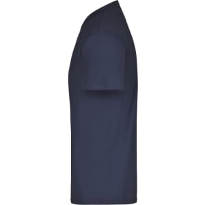 A navy blue T-shirt with short sleeves and a fitted design, featuring a logo on the side.